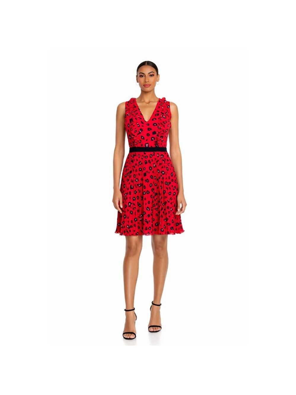 Foxiedox Red Leopard Pleated Dress XS Sleeveless V-Neck Lined Ruffle Detail Part